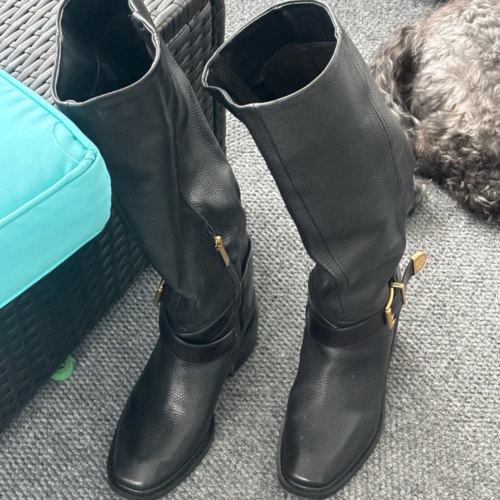 Vince Camuto Black Heeled Boots with Gold Buckle - Picture 2 of 5